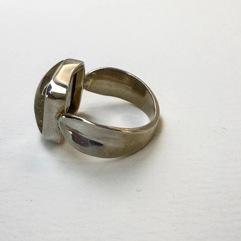 Sterling Silver Rutilated Quartz Square Statement Ring Modernist Band Size 9.5